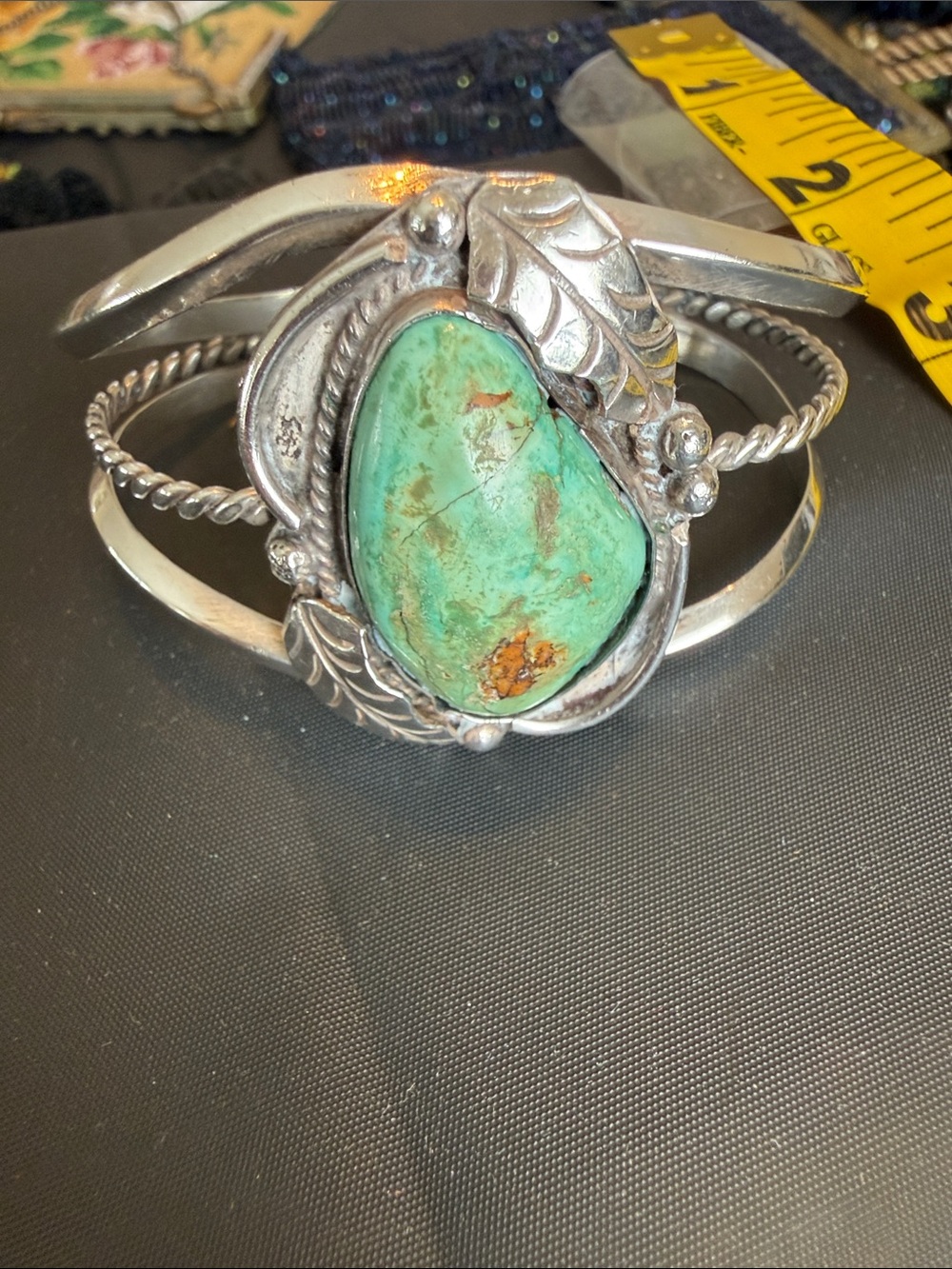 Silver like Turquoise Leaf Cuff Bracelet - Green Turquoise vintage
